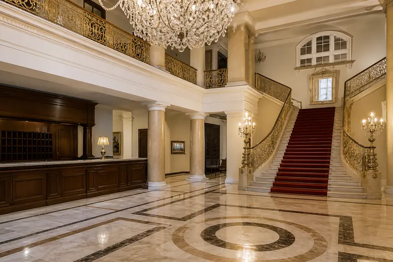 Prázdná mramorová hala paláce s schodištěm a lustrem