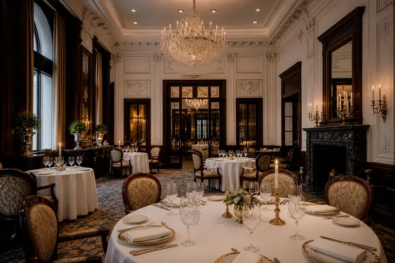 Prostřená restaurace Prague Royal Hub připravená na uzavřený večer